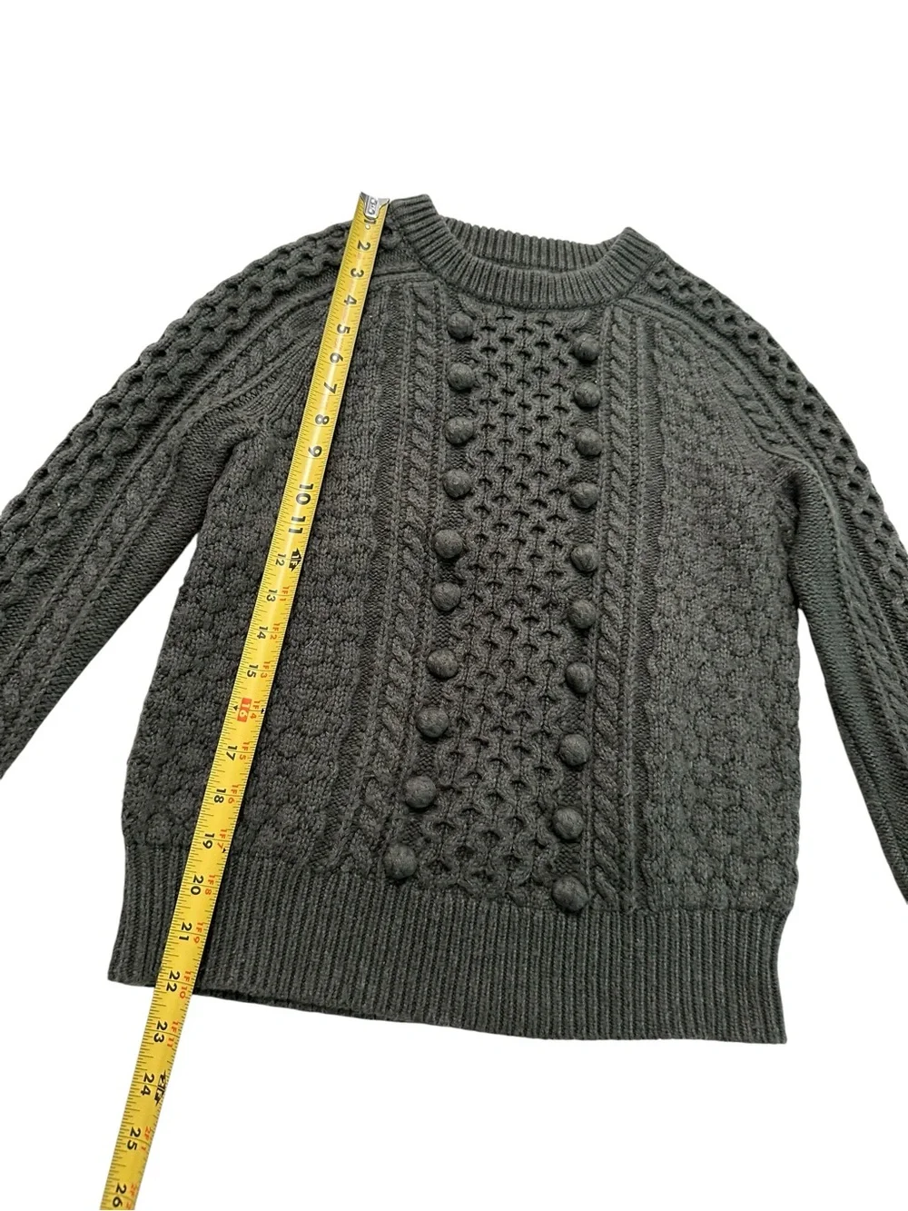 J.Crew Olive Green Cable Knit Sweater Women’s Crew Neck Pom Pom Textured Long XS
